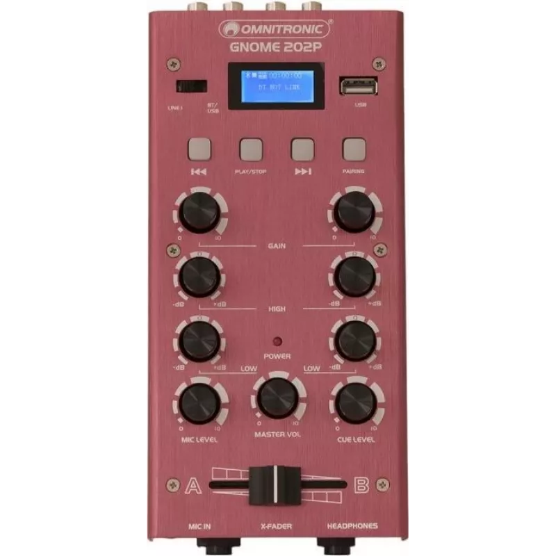 Mini maišytuvas Omnitronic GNOME-202P, 2 kanalų kompaktiškas maišytuvas su 3 juostų EQ