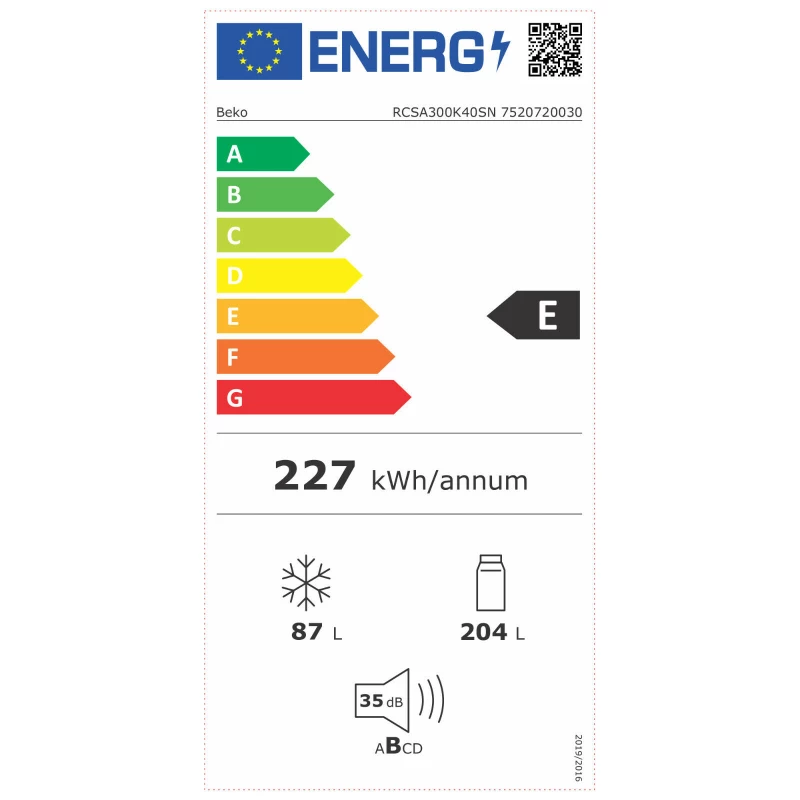 BEKO šaldytuvas RCSA300K40SN, energijos klasė E, aukštis 181 cm, nerūdijantis plienas