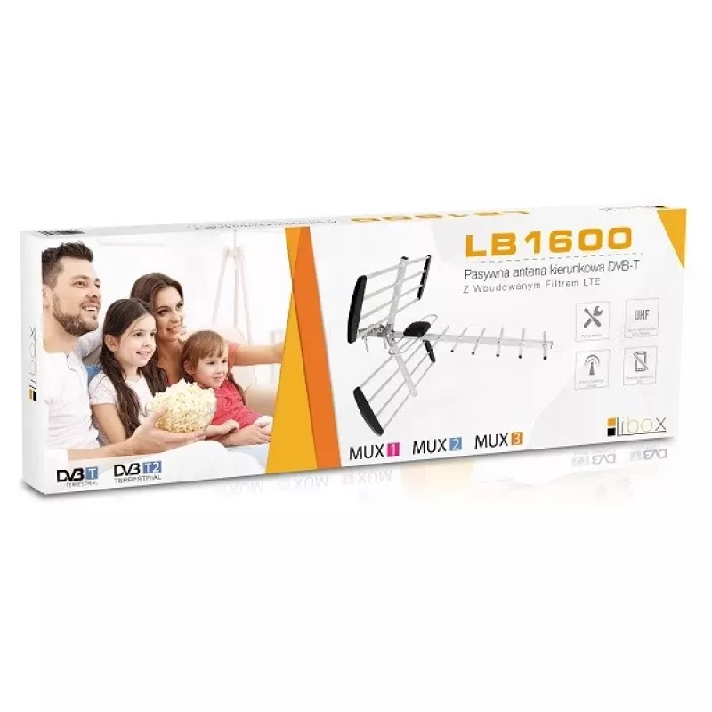 Kryptinė antena LIBOX LB1600 16 elementų pasyvi DVB-T, UHF 470–790 MHz, VHF 174–230 MHz, 18 dB stiprinimas, LTE filtras
