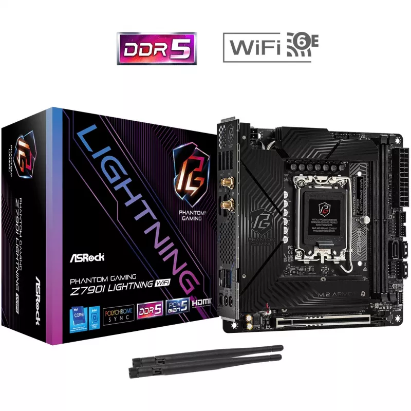 Pagrindinė plokštė ASRock Z790I LIGHTNING WIFI — Intel Z790, LGA 1700, Mini-ITX, DDR5 iki 8600 MHz, 2x DIMM, Wi‑Fi 6E, 2.5Gb LAN, 2x M.2