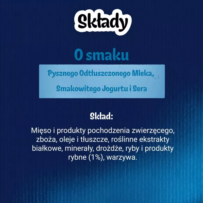 Kačių skanėstai Felix Party Mix Dairy Delight 60 g — traškūs pieno skonio užkandžiai suaugusioms katėms, baltymai 35%, riebalai 19,5%