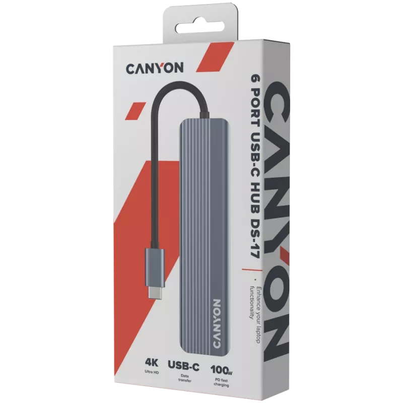 USB Type-C šakotuvas CANYON DS-17 — HDMI, USB 3.2 Gen 1 A, USB-C, MicroSD, 10000 Mbit/s, pilkas
