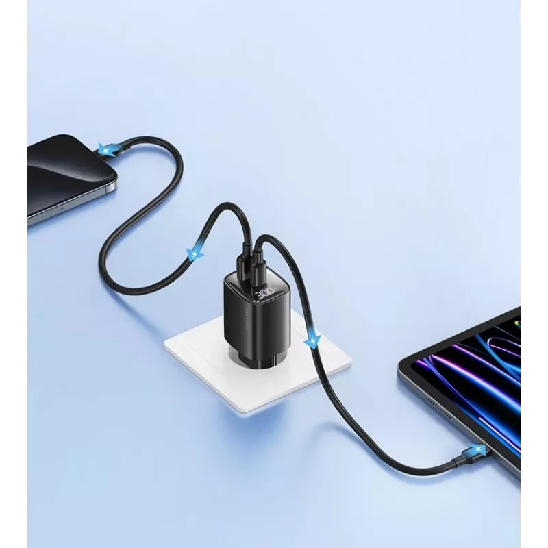 usams CC229 30W GaN USB-C ir USB LED kompaktinis kelioninis įkroviklis