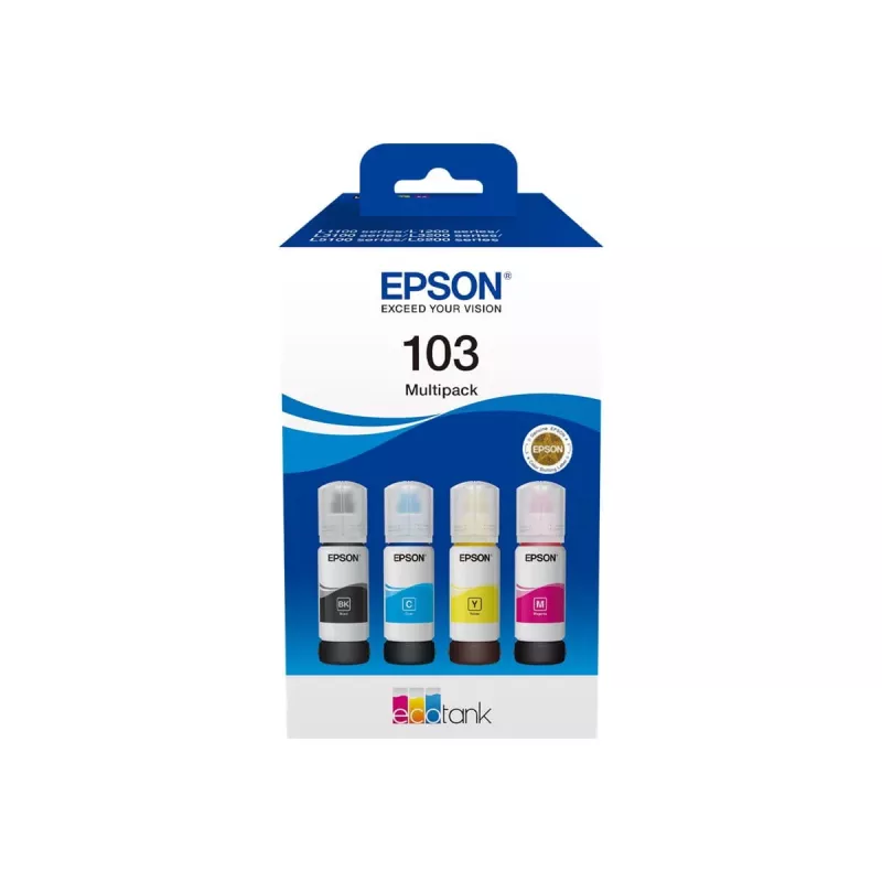 Rašalo kasečių rinkinys Epson EcoTank 103 — Originalių 4 spalvų rinkinys (Juoda, Žydra, Purpurinė, Geltona), Juoda 4500 psl., Spalvota 7500 psl.