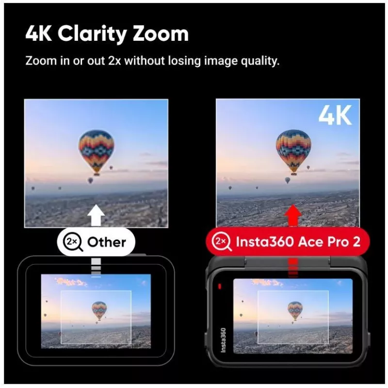 Veiksmo sporto kamera Insta360 Ace Pro 2 — 50 MP, 8K itin didelė raiška (7680×3272), 1/1,3 colio jutiklis, iki 240 kadrų per sekundę, įmontuotas ekranas, „Wi‑Fi“, „MicroSD“, 177,7 g, juoda