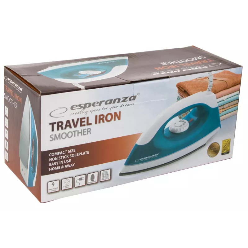 Sausas lygintuvas Esperanza TRAVEL IRON SMOOTHER — 1200 W, nelipni lyginimo pado danga, 1.4 m laidas, temperatūros indikatorius, kelioninis dizainas
