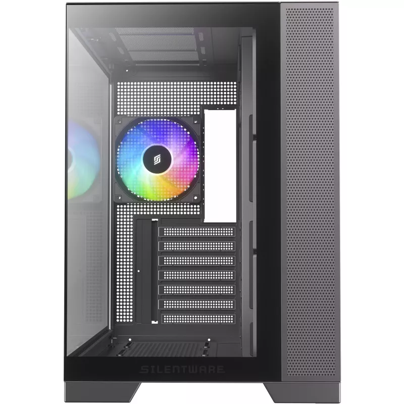 Silentware View A-RGB Juoda PC korpusas VIEWJuoda — vidutinio dydžio bokšto korpusas su A-RGB apšvietimu