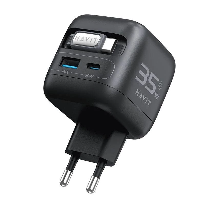 GaN kelioninis įkroviklis Havit UC250 A-EU 20V 1xUSB-C 0,7 m juodas
