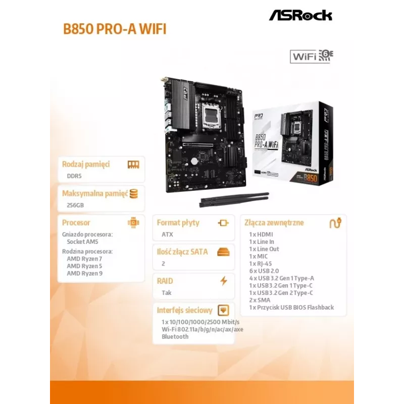 Motininė plokštė ASRock B850 Pro-A WiFi AMD B850 Socket AM5 ATX