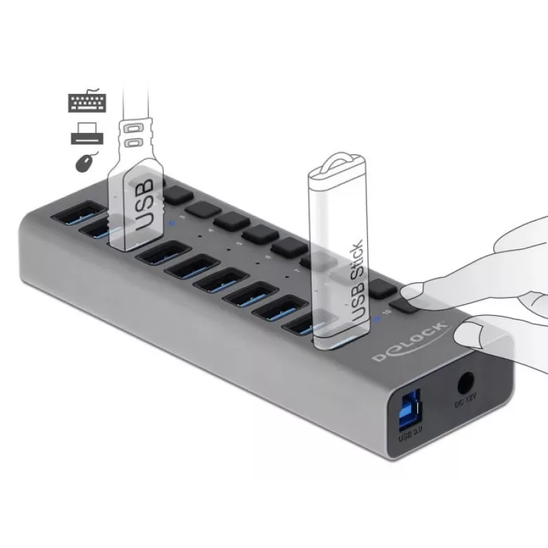DeLOCK išorinis 5 Gbps USB šakotuvas su 10 prievadų + jungiklis