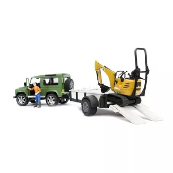 Žaislinė transporto priemonė BRUDER Land Rover Defender su priekaba CAT ir žmogumi