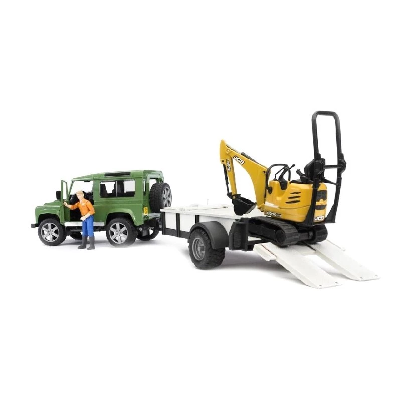 Žaislinė transporto priemonė BRUDER Land Rover Defender su priekaba CAT ir žmogumi