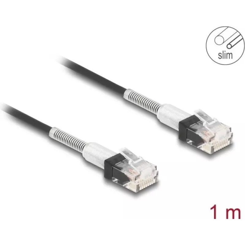 Tinklo kabelis DeLOCK RJ45 Cat.6A UTP plonas 1 m juodas