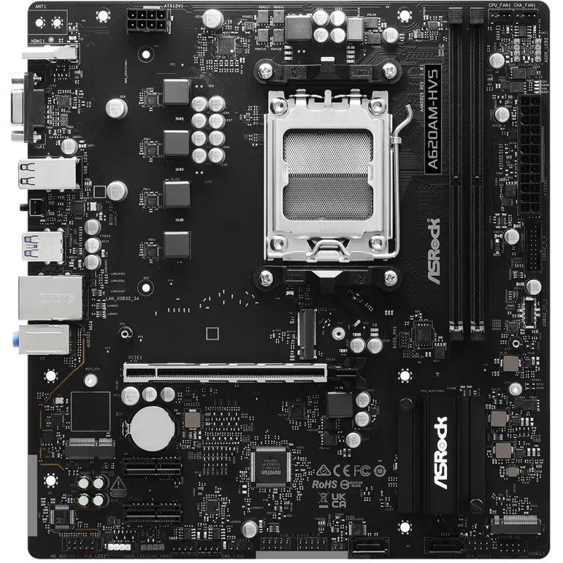 Motininė plokštė ASRock A620AM-HVS Micro ATX — AMD A620A mikroschemų rinkinys, Socket AM5, DDR5, 2 DIMM, iki 128 GB, HDMI 2.1, M.2 2280