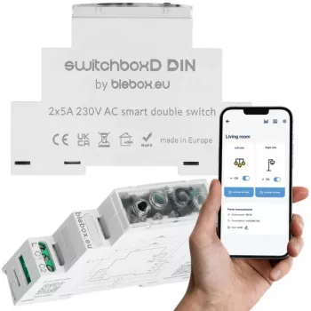 DIN bėgio jungiklių dėžutė bleBox switchboxD (modelis 36805) išmaniajam namui moduliniam montavimui