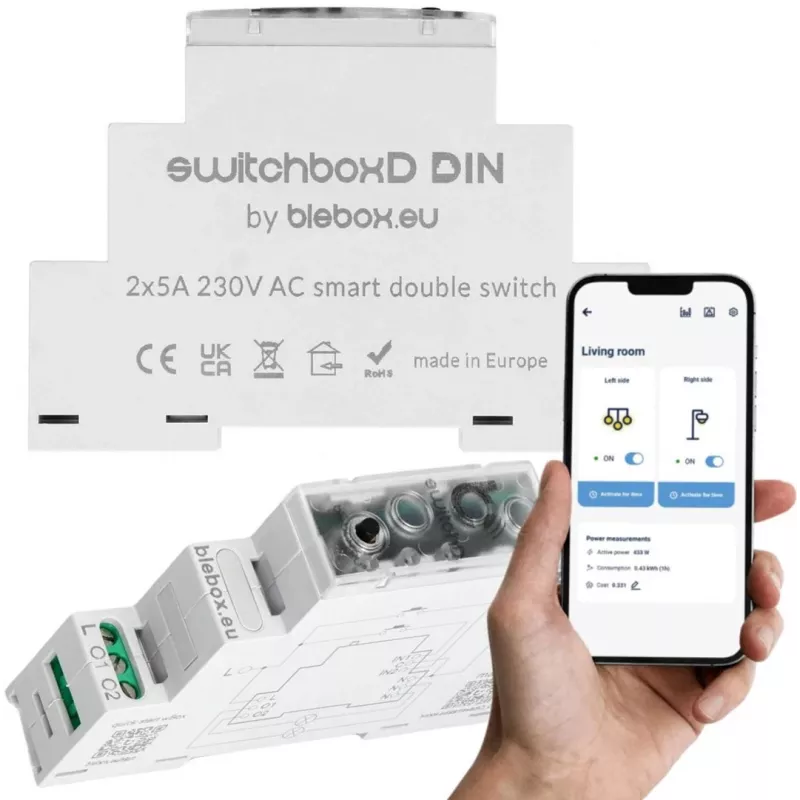 DIN bėgio jungiklių dėžutė bleBox switchboxD (modelis 36805) išmaniajam namui moduliniam montavimui