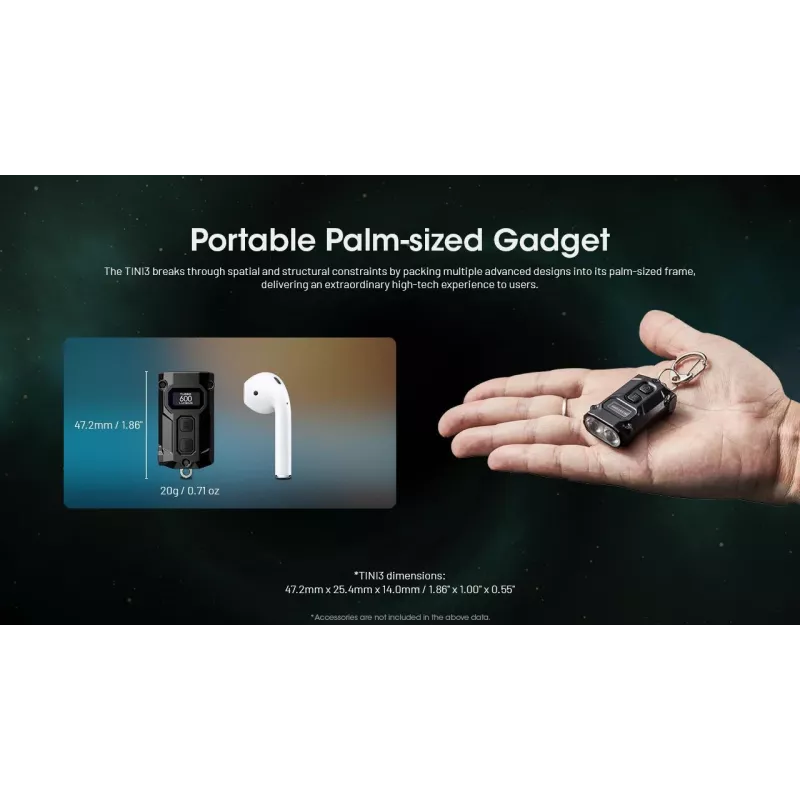 Raktų pakabuko žibintuvėlis Nitecore TINI3, juodas, 600 lm, USB įkraunamas