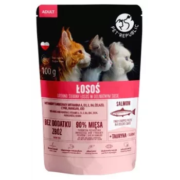 Šlapio kačių maisto pakelis PetRepublic CAT pakelis katei SUAUGUSIAI 100 g, filė su lašišos skiautelėmis