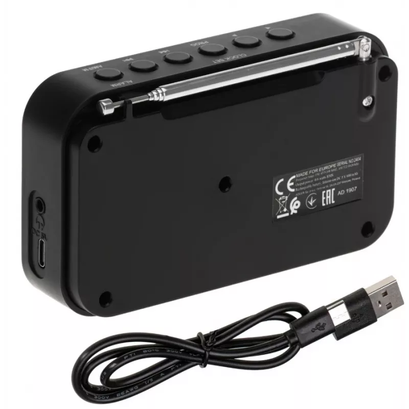 Nešiojamasis skaitmeninis radijas Adler AD 1907 — AM/FM, skaitmeninis imtuvas, žadintuvas, USB-C, 600 mAh baterija, LCD, 20 išsaugotų stočių, teleskopinė antena