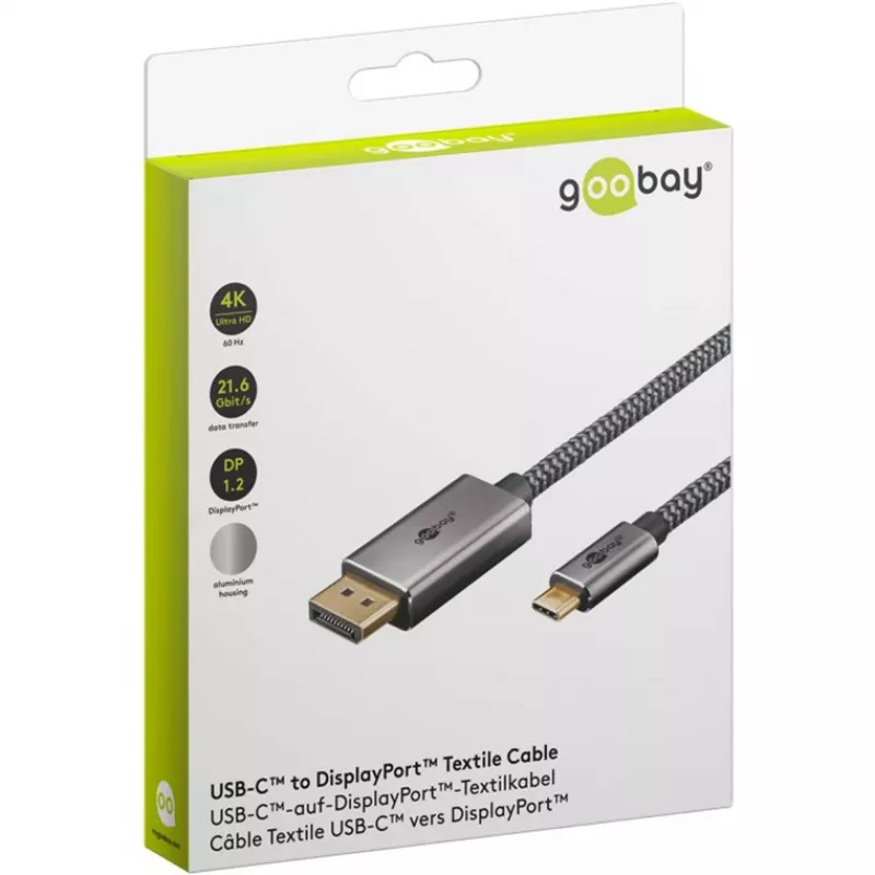 USB adapterio kabelis, USB-C kištukas > DisplayPort kištukas, 4K 60Hz (juoda/sidabrinė, 2 metrai, pintas kabelis)