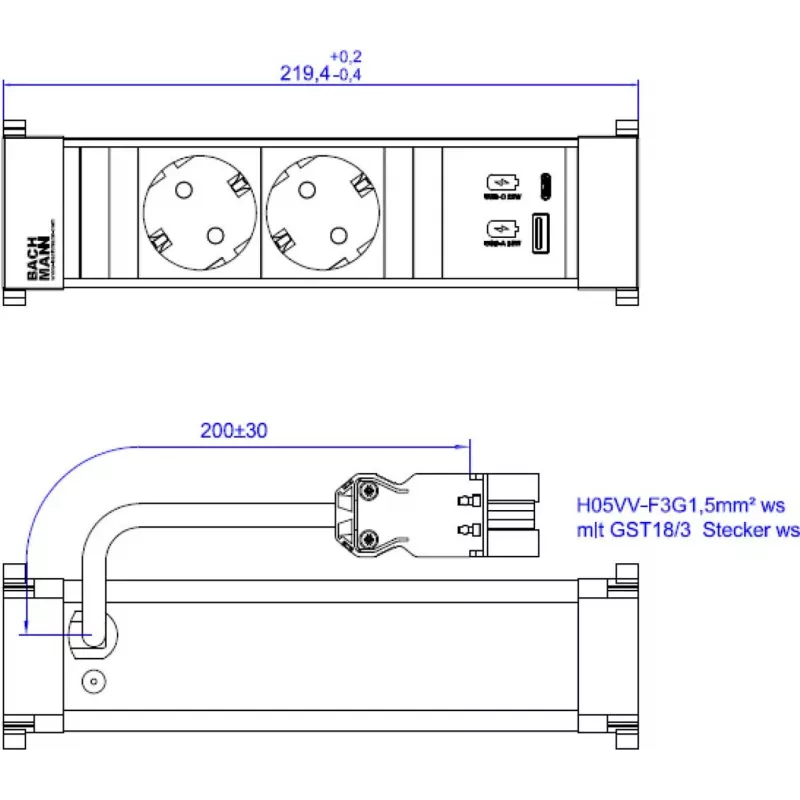 Bachmann POWER FRAME 2xCEE7/3916.7001xUSB A/C 22W 0 2m GST18