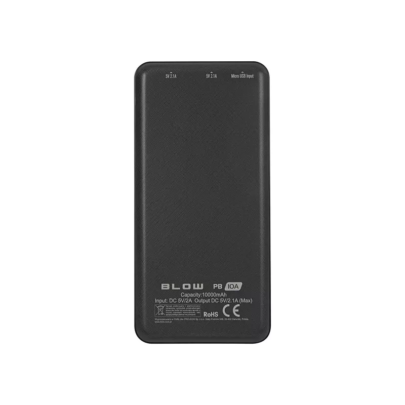 Nešiojama išorinė baterija BLOW PB10A 10000 mAh polimerinė baterija, 2x USB-A išėjimai, 22,5 W bendra galia, Micro‑USB įvestis, juoda