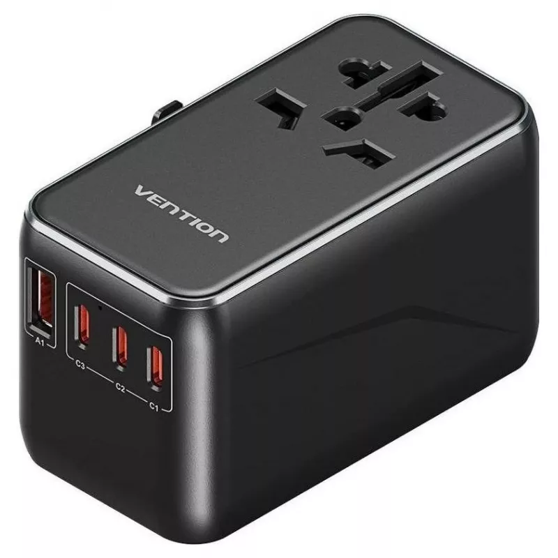 Įkroviklis Vention FJGB0 100 W GaN su 3× USB-C ir 1× USB-A, juodas