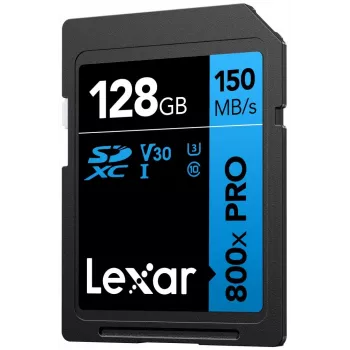 SDXC atminties kortelė Lexar 128GB UHS-I 800xPRO Class 10 U3 V30 — 150 MB/s skaitymo, 45 MB/s rašymo greitis, juoda