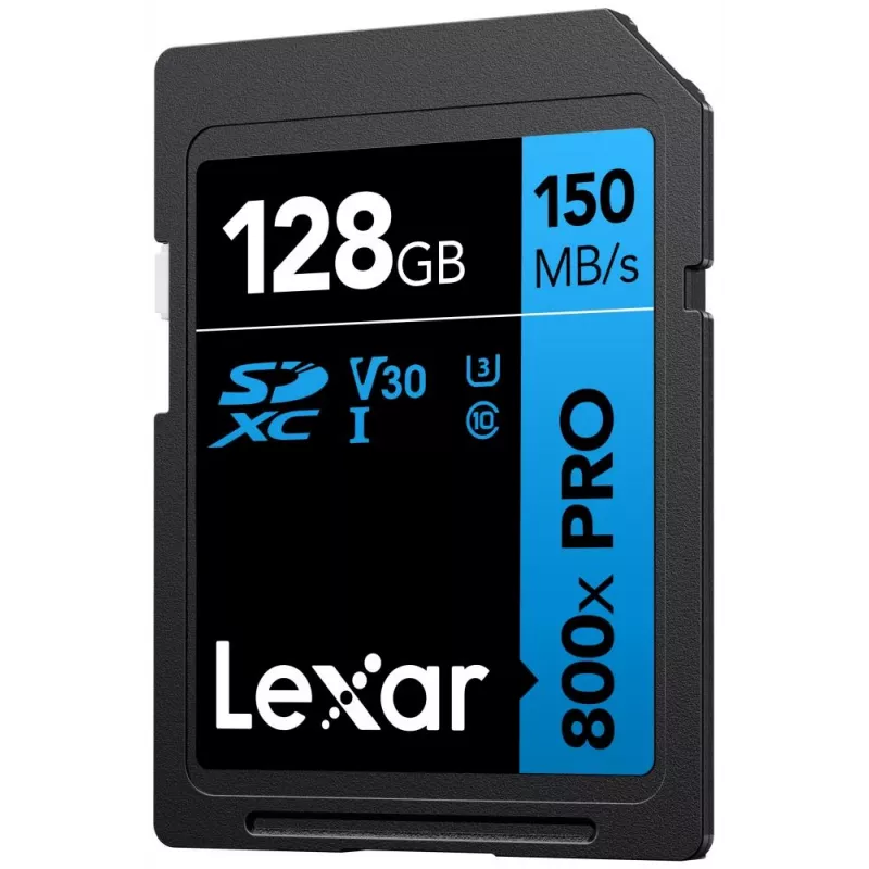 SDXC atminties kortelė Lexar 128GB UHS-I 800xPRO Class 10 U3 V30 — 150 MB/s skaitymo, 45 MB/s rašymo greitis, juoda
