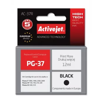 Rašalo kasetė ActiveJet AC-37R suderinamas pakaitalas Canon PG-37, juoda, 12 ml, didelės talpos, pigmentinis rašalas