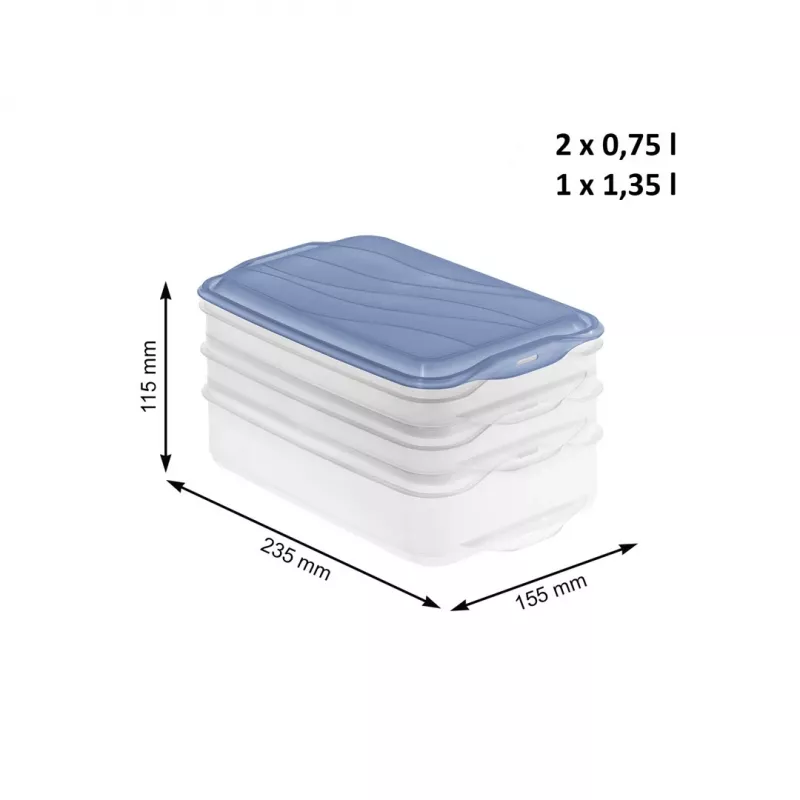 Maisto laikymo indų rinkinys Rotho Rondo 2×0,75L + 1×1,35L permatomas mėlynas sandarus sukraunamas