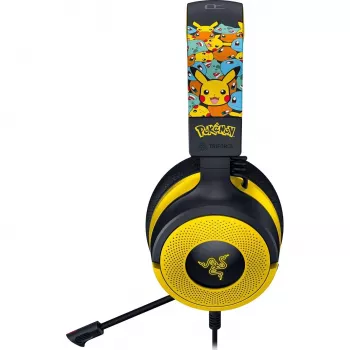 Ausinės Razer Kraken V4 X Pokemon — laidinės USB-C/USB-A, supraauralinės, 20–20000 Hz, 1,8 m laidas, 310 g, juoda/geltona