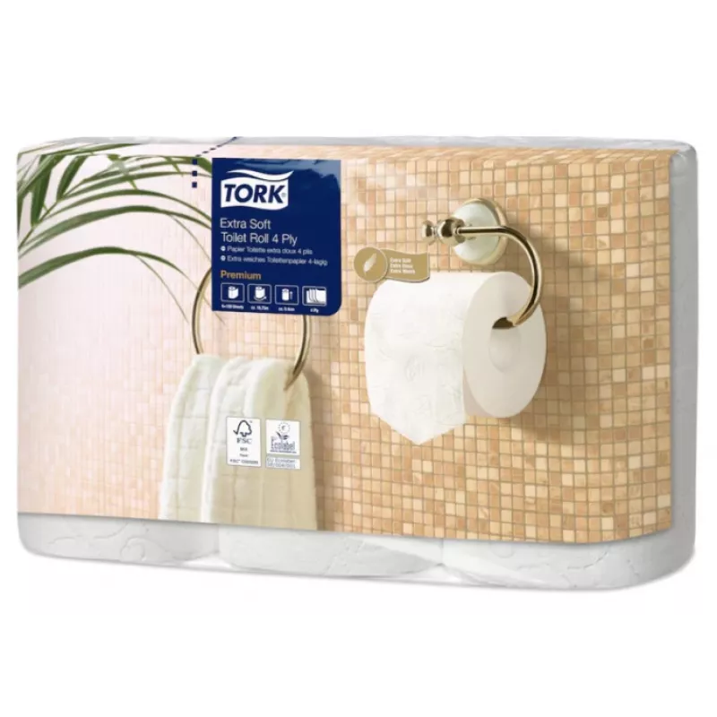 Tualetinis popierius Tork Premium Extra Soft Conventional T4 — 4 sluoksnių ritinėliai 9,7 cm x 19,1 m, pakuotėje 6 vnt.