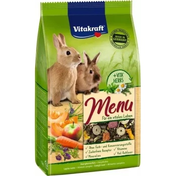 Pilnas granulių pašaras triušiams Vitakraft Menu Vital 3 kg — suaugusiems, grūdų skonio, 12,5% žaliavos ląstelienos, virškinimo palaikymas, maišas
