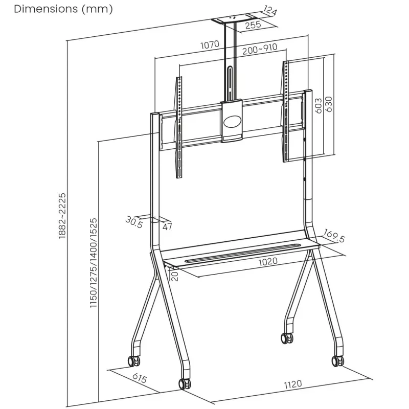 Ant grindų statomas televizoriaus stovas MACLEAN MC-114 W, tinka 55–100 colių ekranams, baltas, VESA iki 900x600, maks. apkrova 120 kg, aukštis 115–152 cm, lentyna