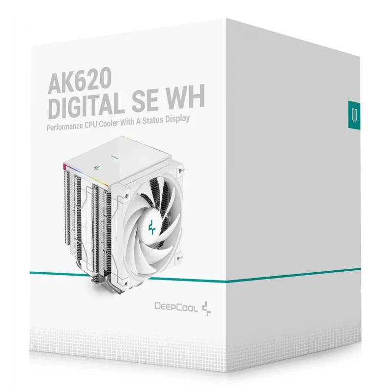 Oro aušintuvas DeepCool AK620 Digital SE White — dvigubi 120 mm ventiliatoriai, 6 šilumos vamzdeliai, PWM, LGA 1700 palaikymas, įmontuotas ekranas