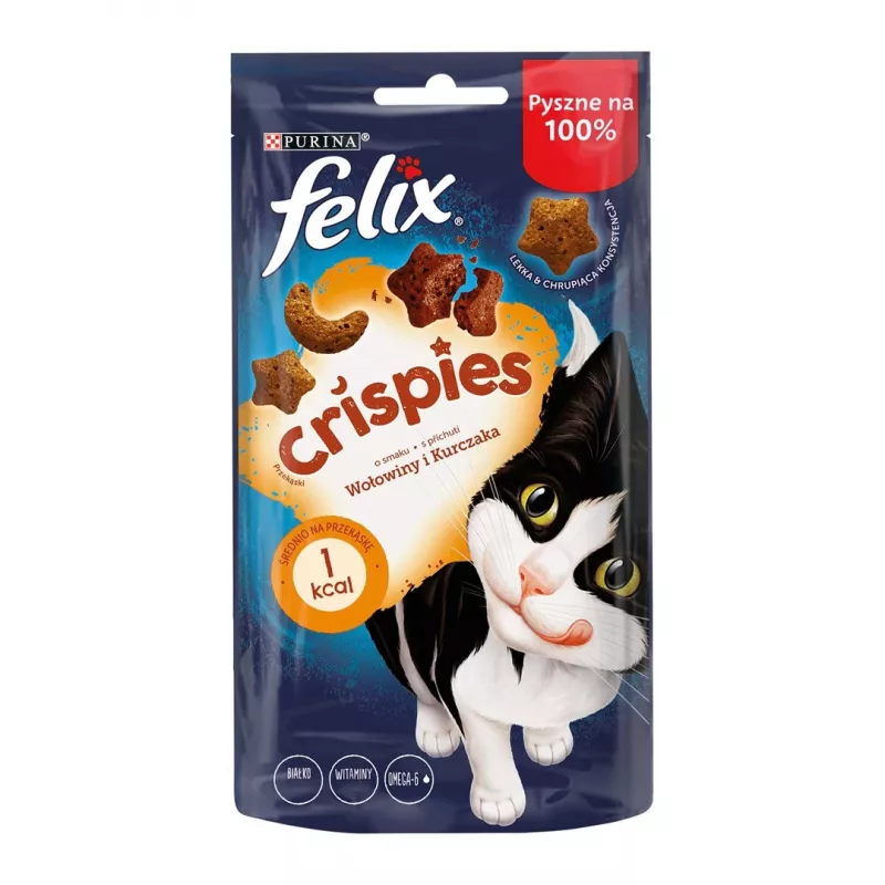 Sausas kačių skanėstas Felix Crispies Beef & Chicken 45 g — mėsingas traškus užkandis suaugusioms katėms, 31,5% baltymų, 15,5% riebalų