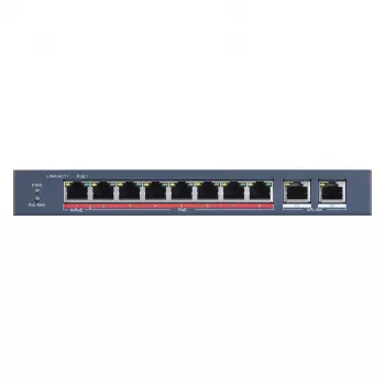Nevaldomas komutatorius Hikvision DS-3E0310HP-E — 8x 10/100 RJ-45, 2x Gigabit, 8x PoE prievadai (110 W biudžetas), metalinis korpusas, 48 V DC įvestis