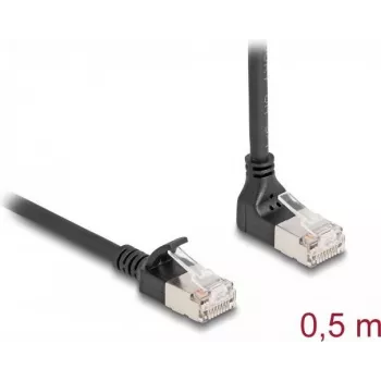 DeLOCK RJ45 tinklo kabelis Cat.6A S/FTP plonas, 90° žemyn lenktas / tiesus, 0,5 m, juodas