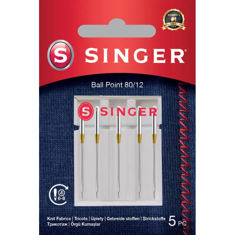 SINGER siuvimo mašinos adata 80/12 (modelis 250054303) mezginiams, rutuliniu galiuku