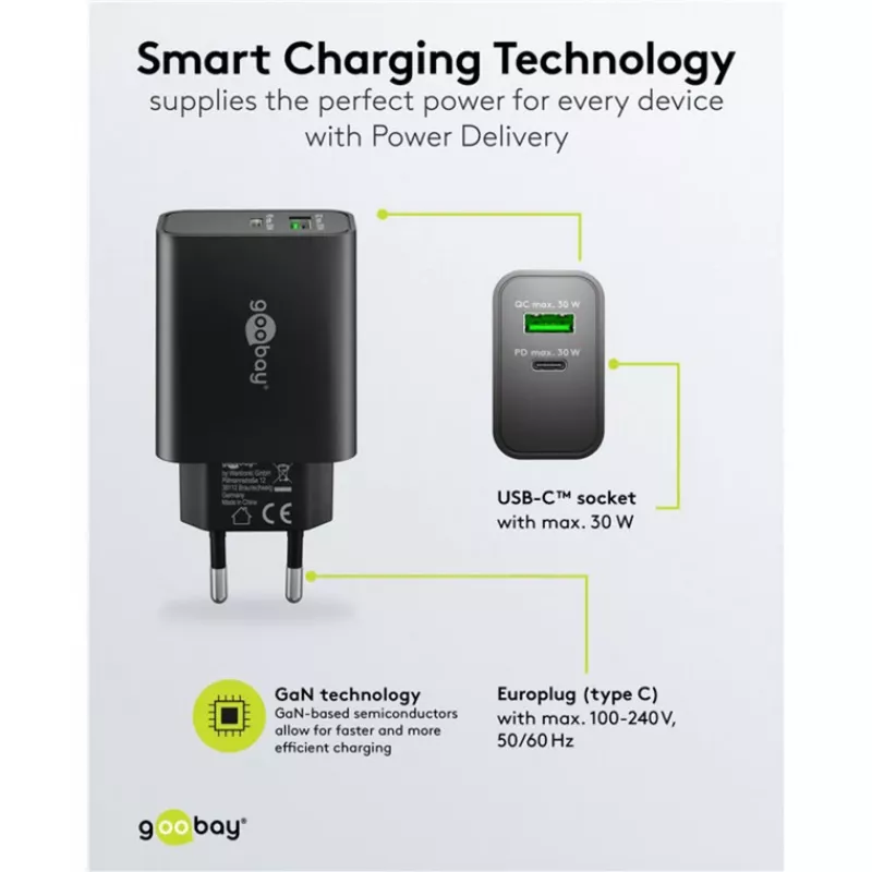 Goobay USB-C PD GaN dvigubas greitasis įkroviklis 30 W juodas (75335)