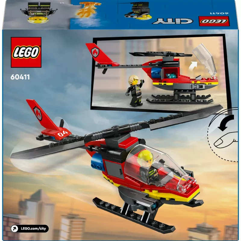 LEGO City gaisrinis sraigtasparnis 60411 konstruktorius, 85 dalys, besisukantys sparnai, 1 minifigūrėlė, amžius 5+ (220×90×60 mm)