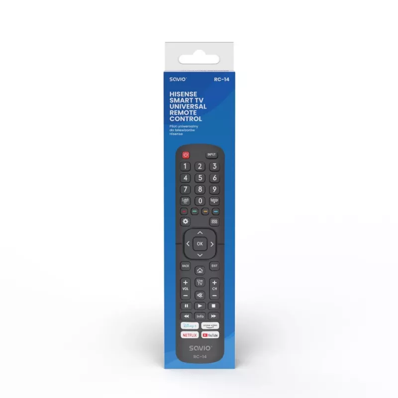 Universalus nuotolinio valdymo pultelis SAVIO RC-14, skirtas Hisense Smart TV, IR belaidis, palaiko 14 įrenginių, veikimo nuotolis iki 10 m, juodas