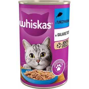 Šlapias kačių maistas Whiskas su lašiša, 400 g skardinė — suaugusioms katėms, visų veislių dydžiams, 5,5% riebalų, 6,5% baltymų