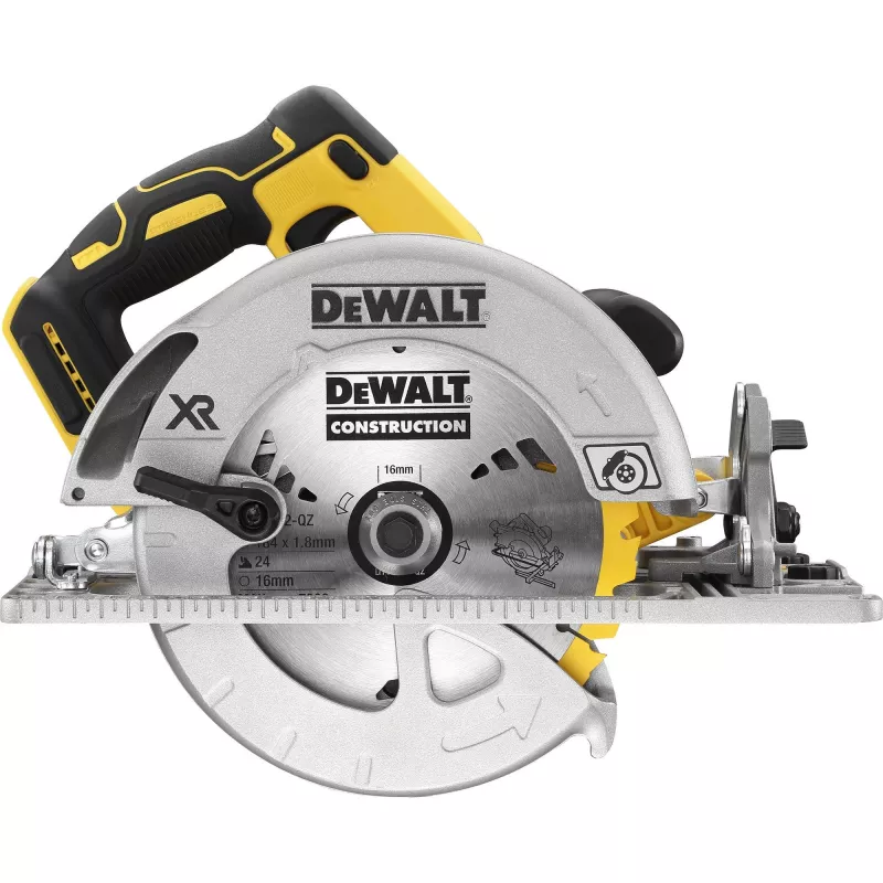 Akumuliatorinis diskinis pjūklas DeWALT DCS572NT — 18 V ličio jonų, bešepetėlis, 184 mm diskas, 58 mm pjūvio gylis (90°), 57° nuožulnumas