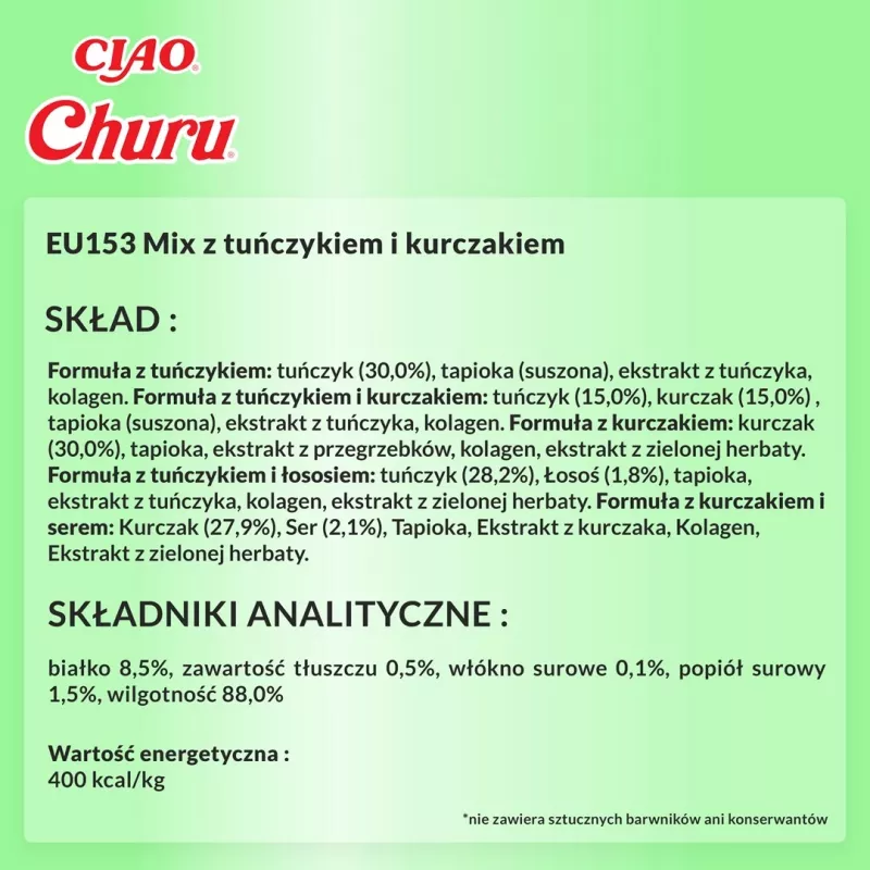 Šlapi kačių skanėstai INABA Churu Varieties — vištiena ir tunas, 50 x 14 g pastos tūbelių, be grūdų, be glitimo ir be cukraus