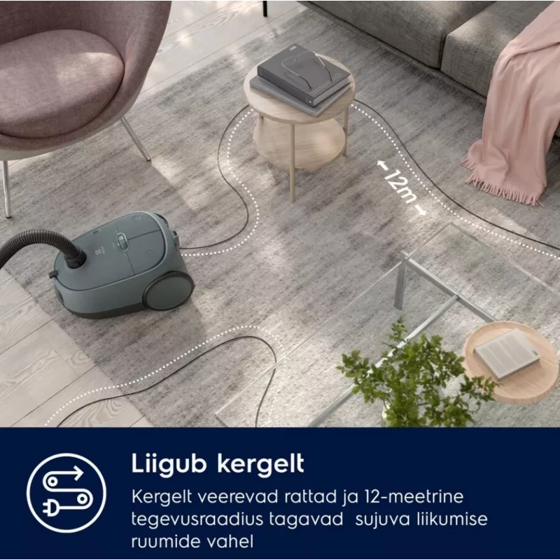 Drum vacuum Electrolux EB61C1OG 850W 3,5 L dulkių maišelis, teleskopinis plieno vamzdis, EPA12, 12 m veikimo spindulys