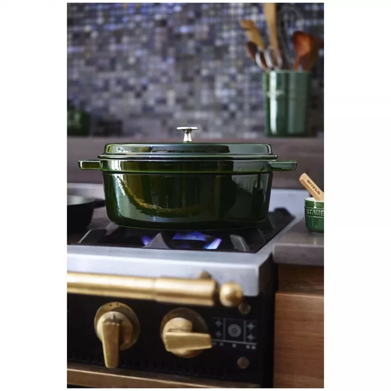 Staub La Cocotte 33 cm ovalus ketaus puodas, Bazilikų žalios spalvos