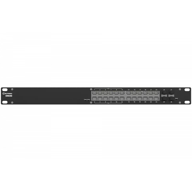 Teltonika SWM280 pramoninis valdomas jungiklis, 24x GLAN, 4x SFP, pusiau PoE jungiklis 12x PoE+