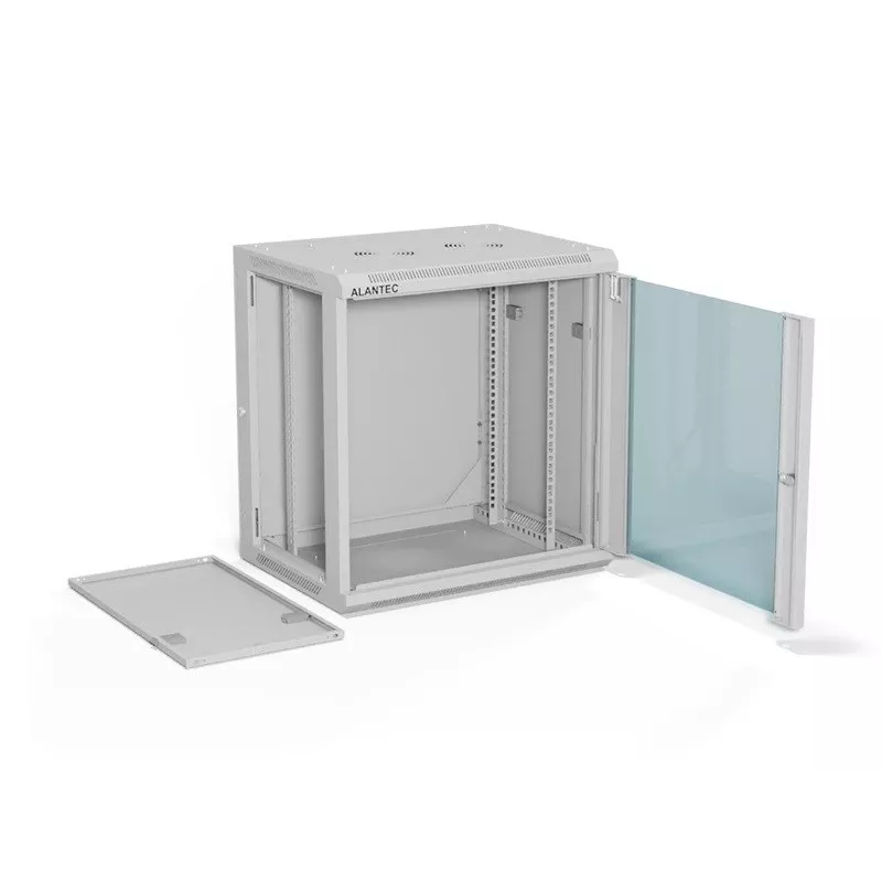 Sieninė 19 colių spinta Alantec 12U 600x450 mm, vienos stiklinės durys, nuimamos galinės ir šoninės plokštės, rakinamos, 4 montavimo bėgeliai, pilka, plokščia pakuotė